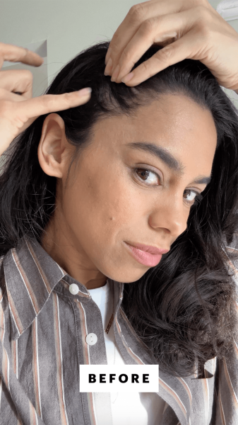 Selfie of Shanna Shipin before applying the Madison Reed The Great Cover Up Root Touch Up Brow Filler