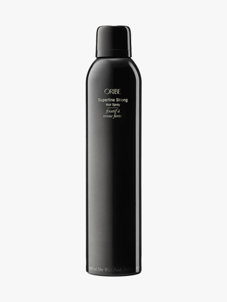 Oribe Superfine Strong Hair Spray black bottle of hairspray on light gray background